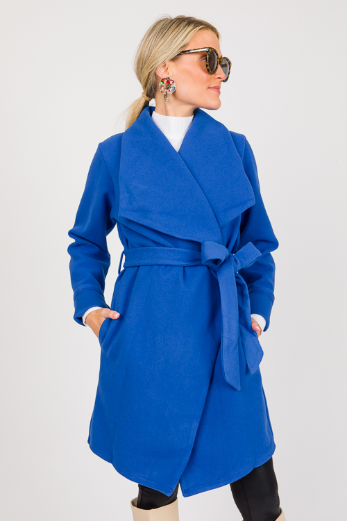 Drape Front Belted Coat, Cobalt