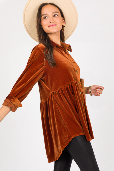 Babydoll Velvet Button Up, Burnt Orange