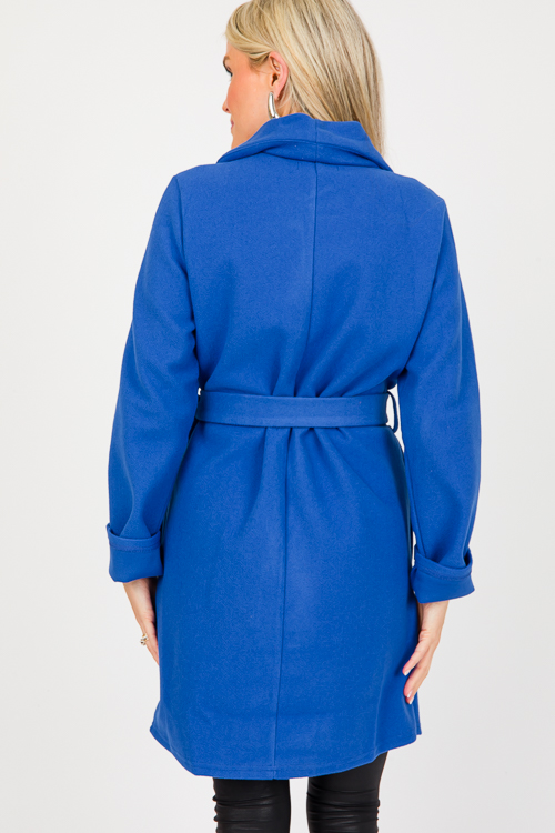 Drape Front Belted Coat, Cobalt