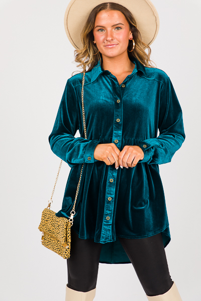 Babydoll Velvet Button Up, Teal