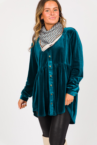 Babydoll Velvet Button Up, Teal - New Arrivals - The Blue Door Boutique