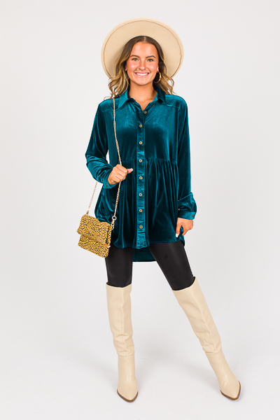 Babydoll Velvet Button Up, Teal