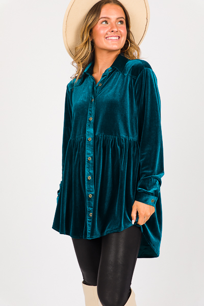 Babydoll Velvet Button Up, Teal