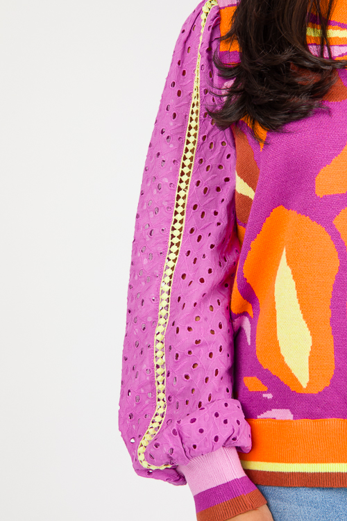 Eyelet Sleeves Abstract Sweater