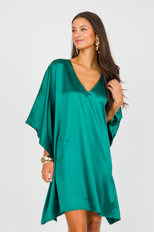 Satin Caftan Dress, Emerald Green