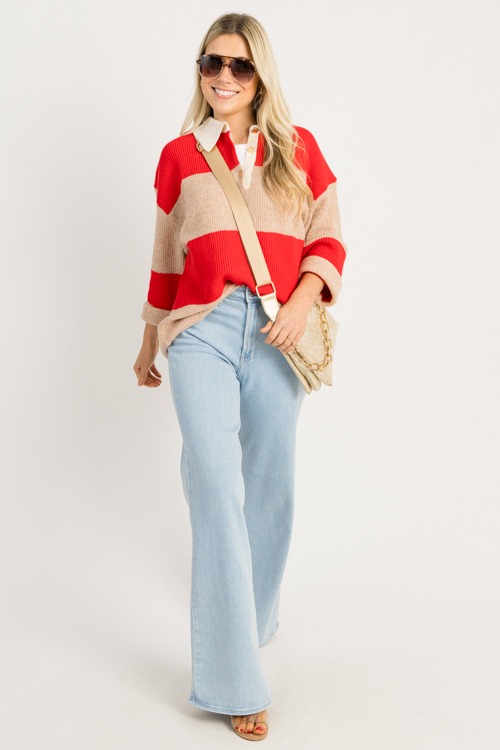 Bold Stripe Collared Sweater, Red
