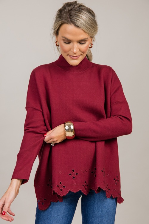 Eyelet Hem Sweater, Garnet