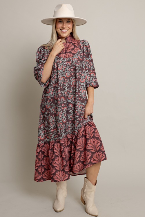 Double Floral Midi, Brown Mix