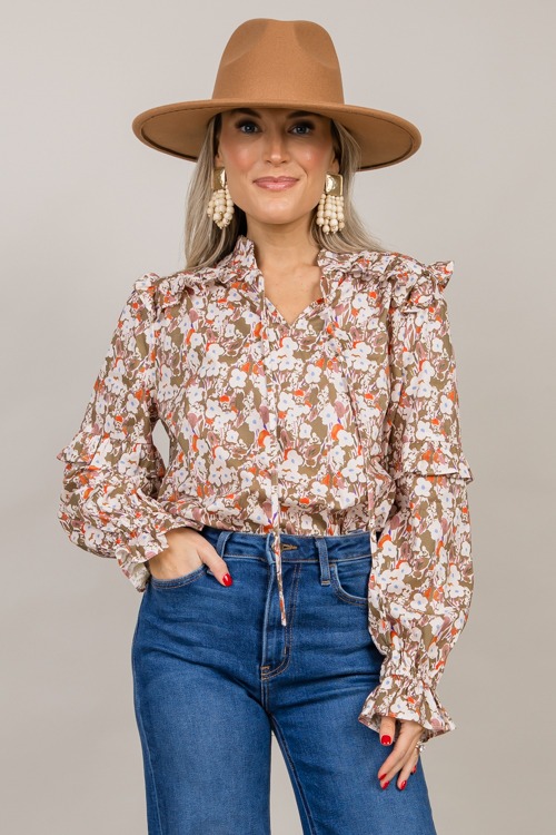 Lola Floral Top, Cream Olive