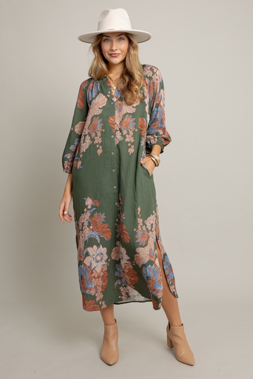 Button Up Floral Midi, Olive
