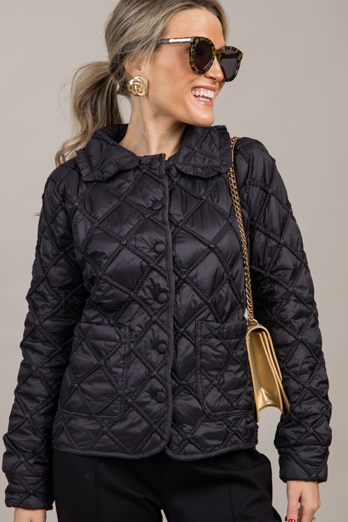 Ruffle Collar Quilted Jacket, Black