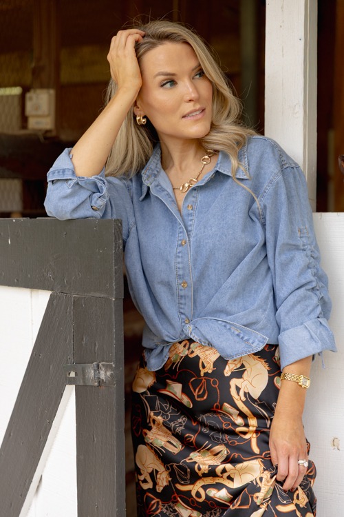 Ruched Sleeve Denim Shirt