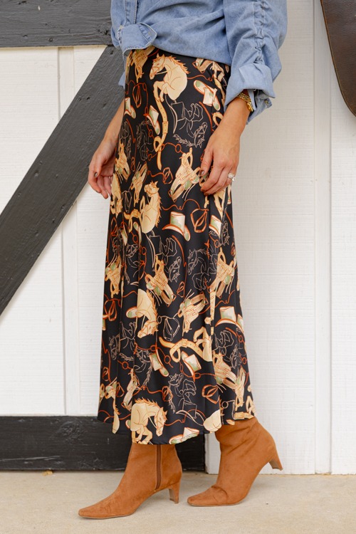 Equestrian Satin Maxi Skirt, Black