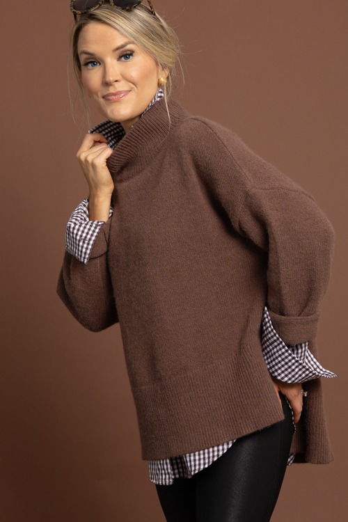 Tia Mock Neck Sweater, Choco Brown