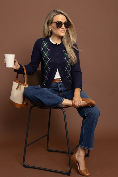 Argyle Button Cardigan, Navy