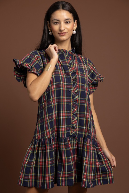Tartan Plaid Ruffle Dress, Navy