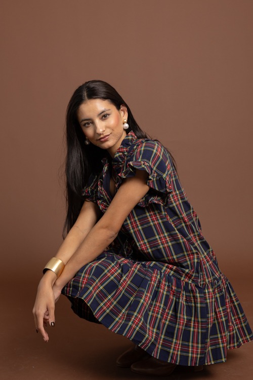 Tartan Plaid Ruffle Dress, Navy - 1002-300h.jpg