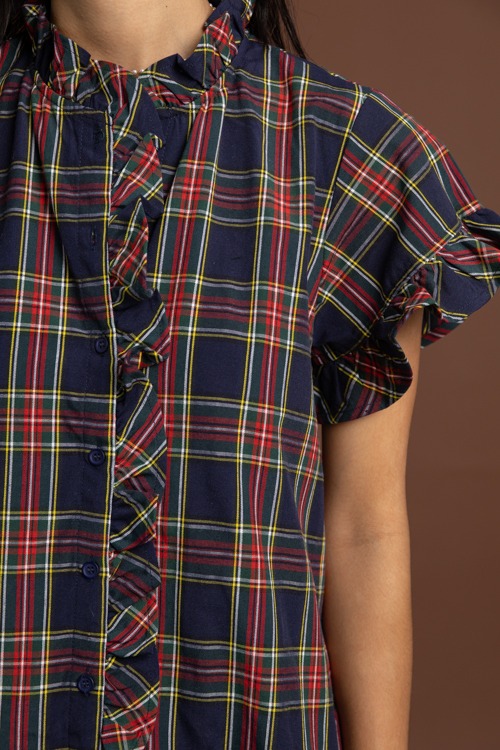 Tartan Plaid Ruffle Dress, Navy - 1002-301.jpg