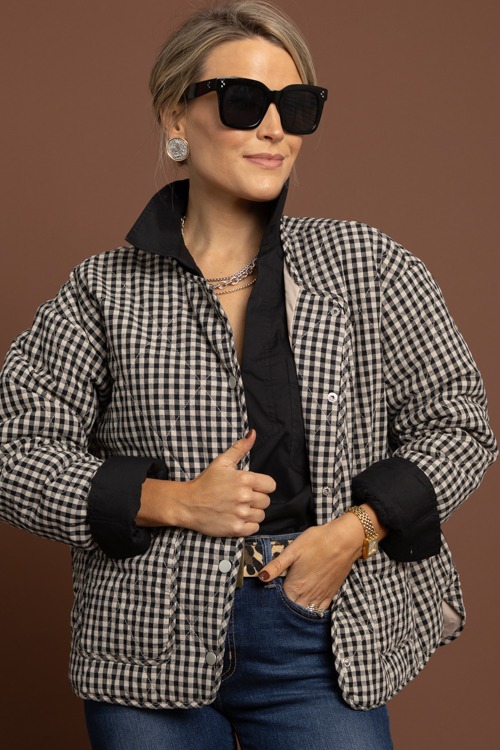 Gingham Quilted Jacket, Black