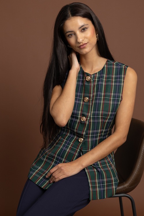Tartan Plaid Button Vest, Green - 1002-390.jpg