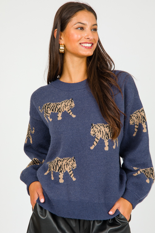 Tiger Sweater, Navy - New Arrivals - The Blue Door Boutique