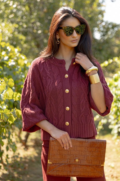 Wynona Cable Cardigan, Burgundy