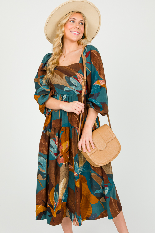 Falling Leaves Midi, Teal - New Arrivals - The Blue Door Boutique