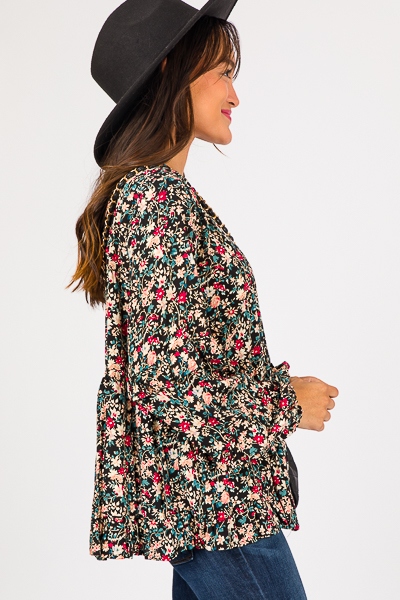 Ruffled Floral Button Top, Black