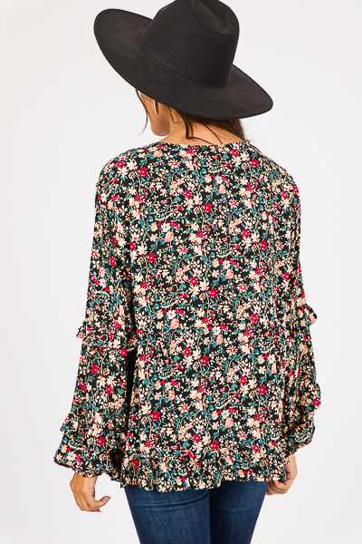 Ruffled Floral Button Top, Black