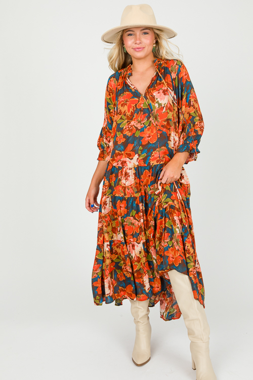 Drop Tier Floral Maxi, Teal Brown