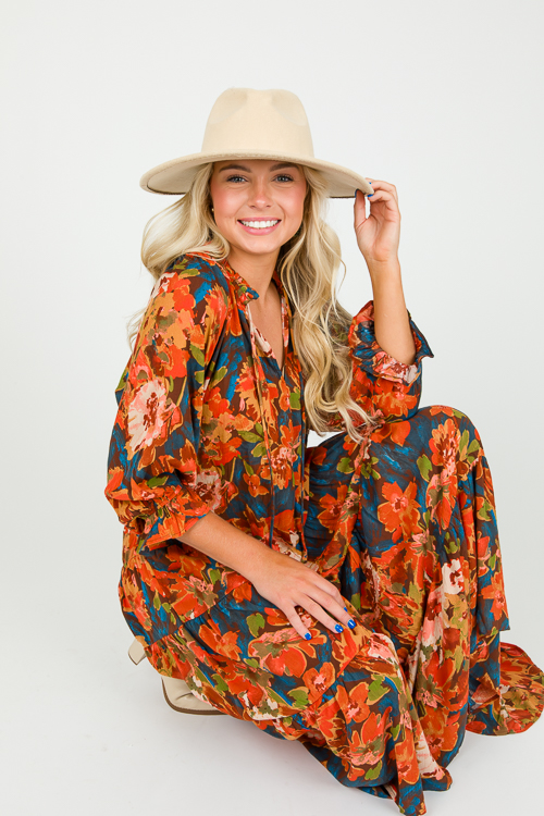 Drop Tier Floral Maxi, Teal Brown