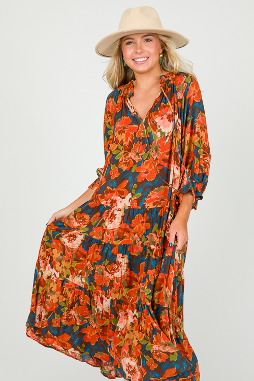 Drop Tier Floral Maxi, Teal Brown