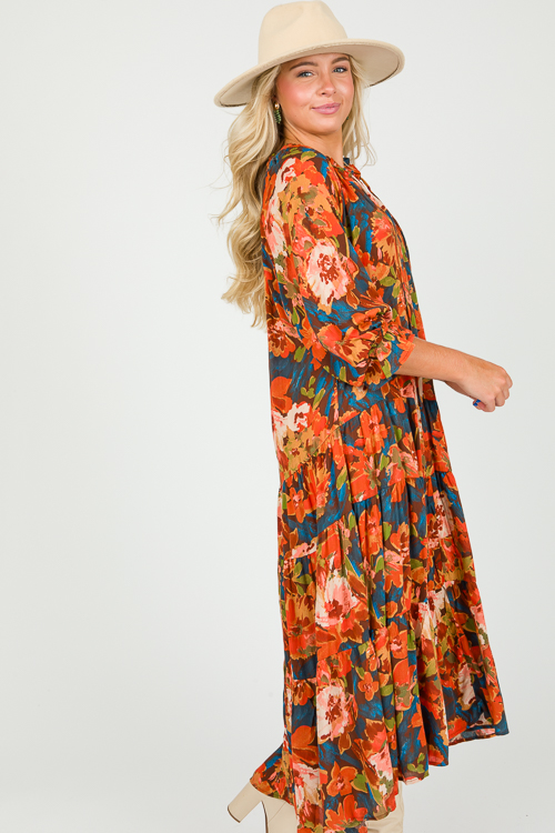 Drop Tier Floral Maxi, Teal Brown