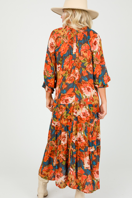 Drop Tier Floral Maxi, Teal Brown