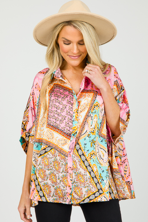 Satin Mix Print Shirt, Pink