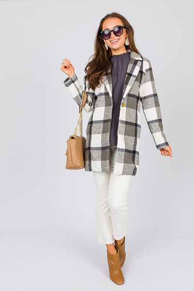 Demi Plaid Coat, Grey/Ivory