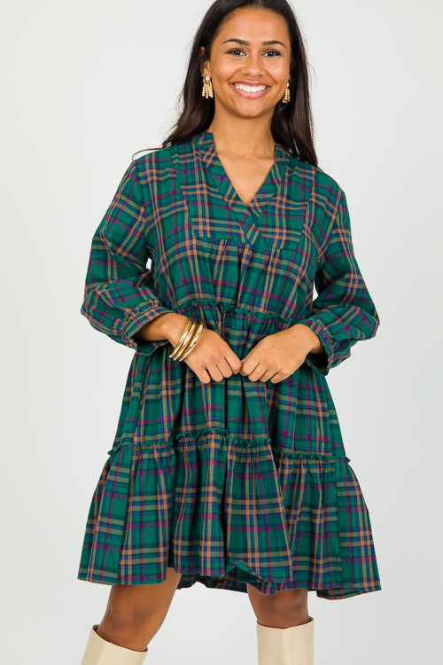 Tiered Plaid Dress, Green