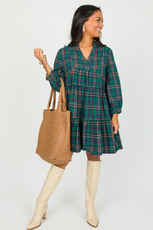 Tiered Plaid Dress, Green