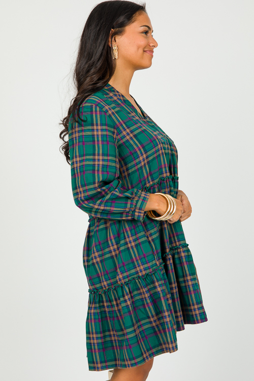 Tiered Plaid Dress, Green