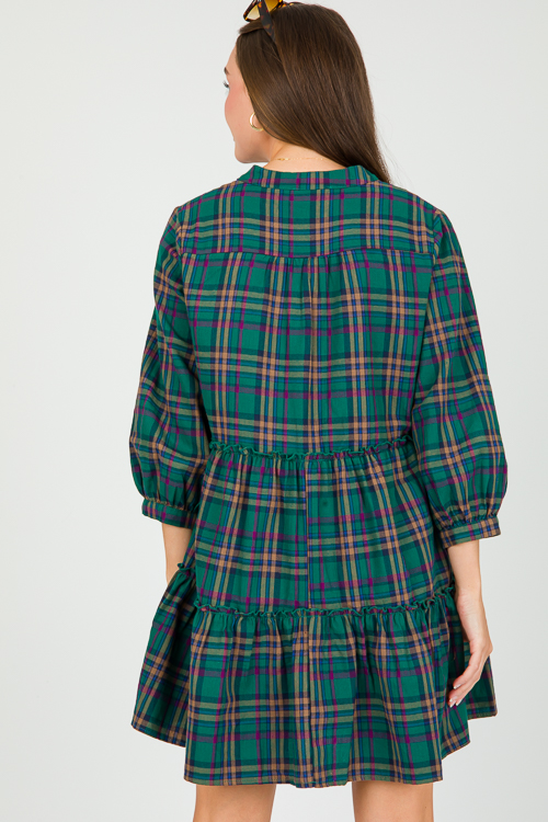 Tiered Plaid Dress, Green