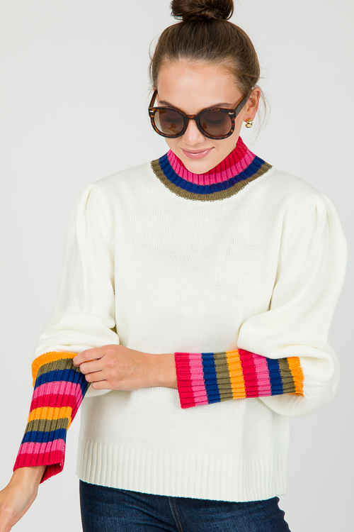 Multi Stripe Trim Sweater, Ivory