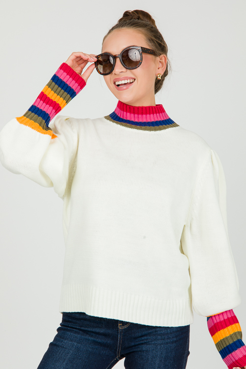 Multi Stripe Trim Sweater, Ivory