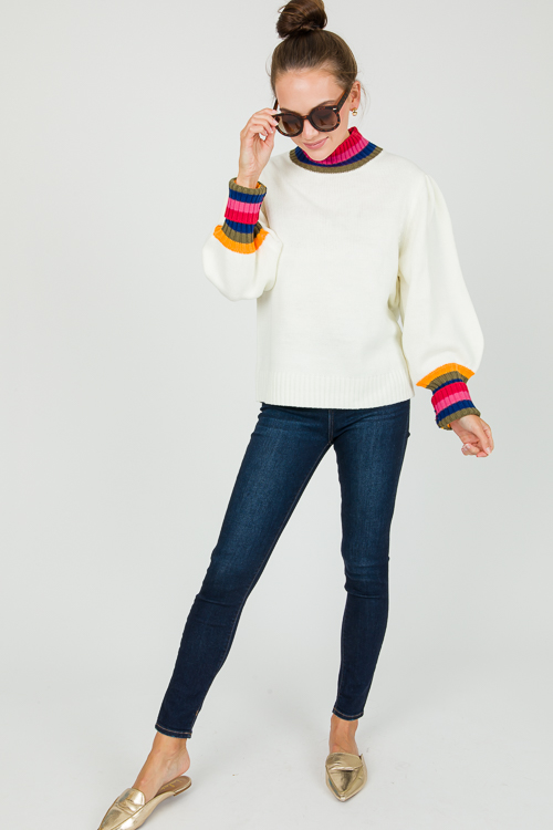 Multi Stripe Trim Sweater, Ivory