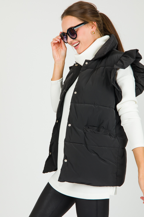 Ruffle Puffer Vest, Black - New Arrivals - The Blue Door Boutique