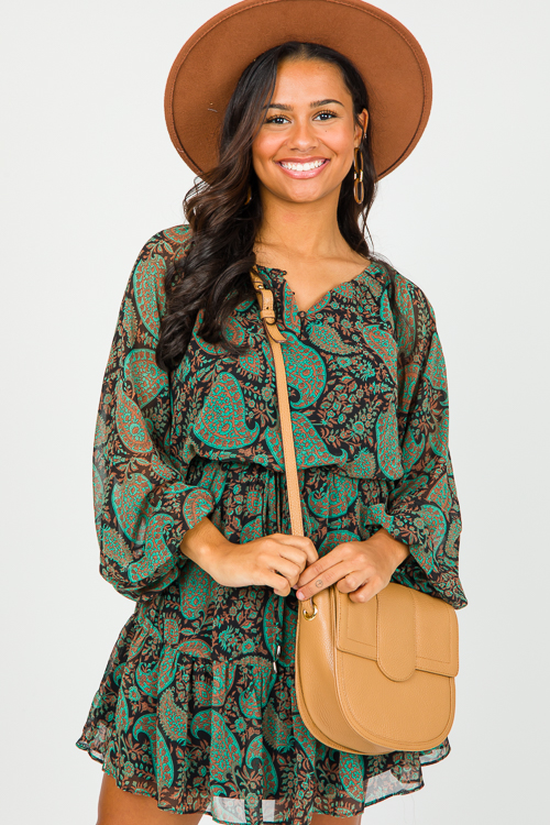 Paisley Tie Waist Dress, Green Black