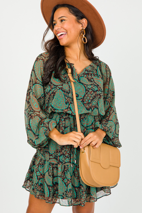 Paisley Tie Waist Dress, Green Black