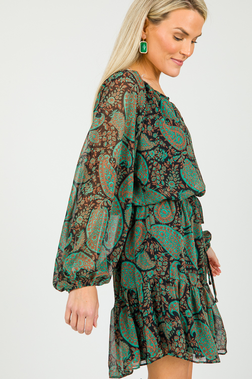 Paisley Tie Waist Dress, Green Black