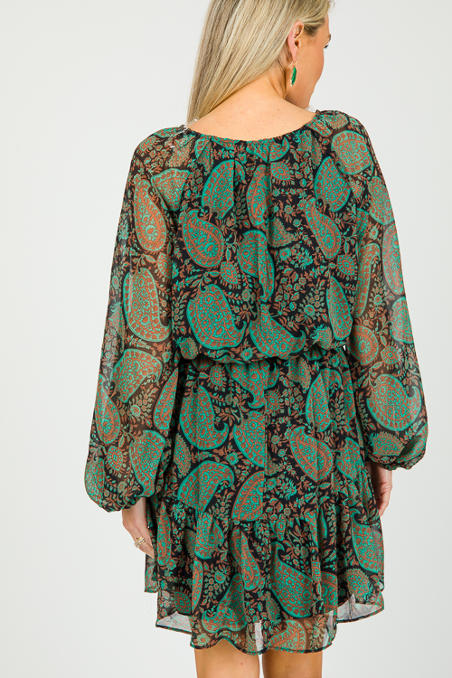 Paisley Tie Waist Dress, Green Black