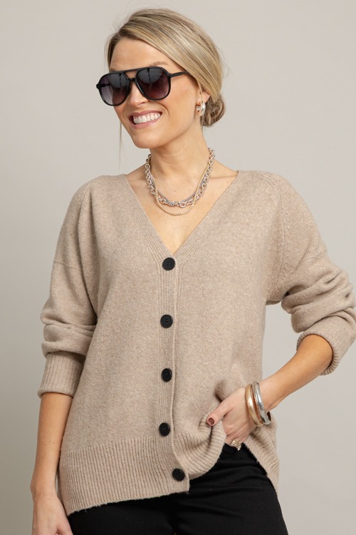 V-Neck Button Cardi, Taupe