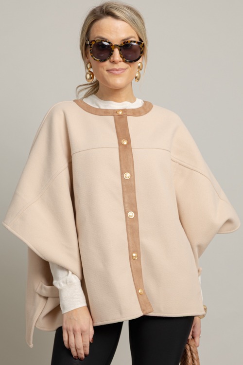 Suede Trim Button Cape, Taupe